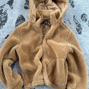 Carbon38 Cozy Tan Teddy Sherpa Jacket with Hood